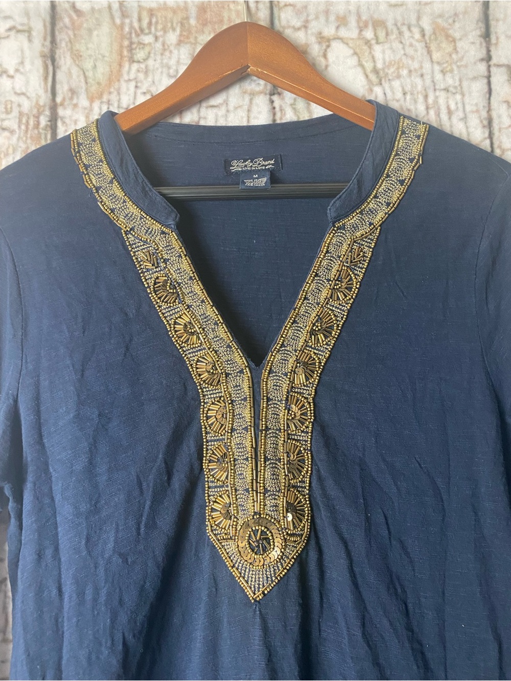 Lucky Brand Navy Embroidered Tunic Top Boho Chic Gold Beaded Blouse Luxe M - Picture 3 of 6